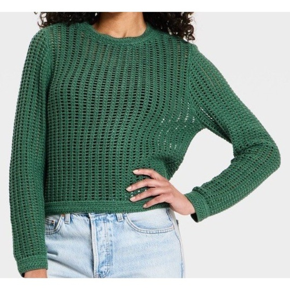 Universal Thread Forest Green Crochet Open Knit Sweater XS Cozycore Layering